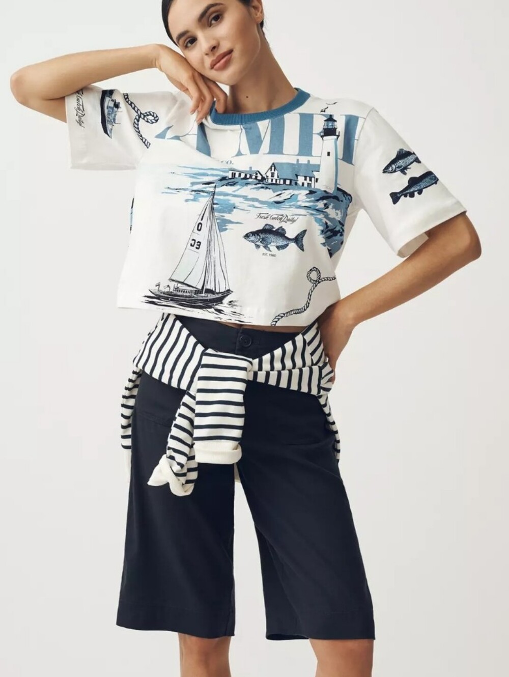 Anthropologie Maeve Core Cotton Boxy Coastal Graphic Cropped T-shirt Med Casual